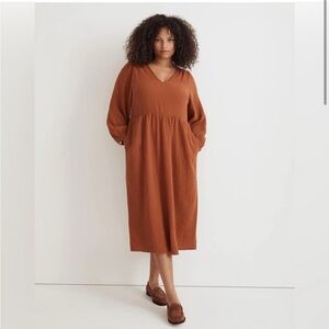 🧡 Madewell Lightspun V Neck Midi Dress Burnt Clay Orange Long Sleeve XL 14 16